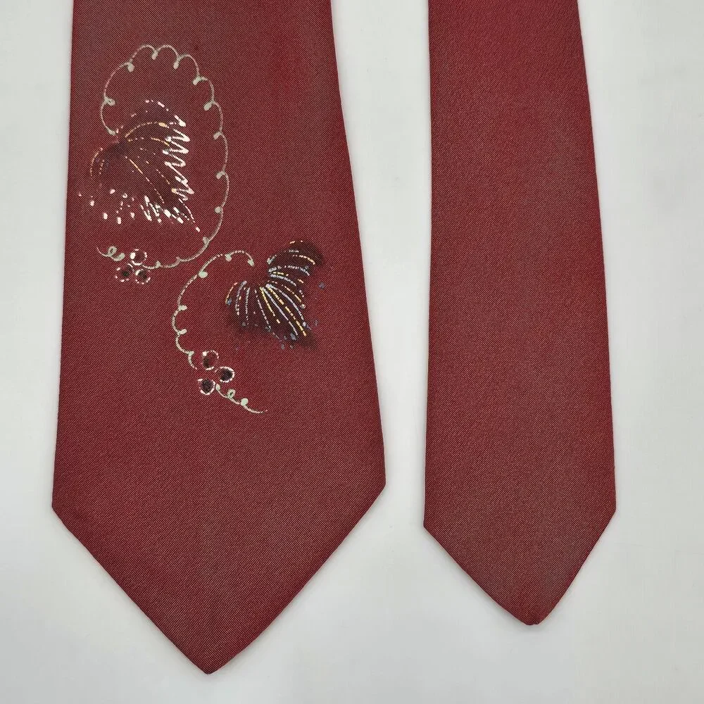 Vintage Stylized Handpainted Floral Necktie Red Orange Rockabilly